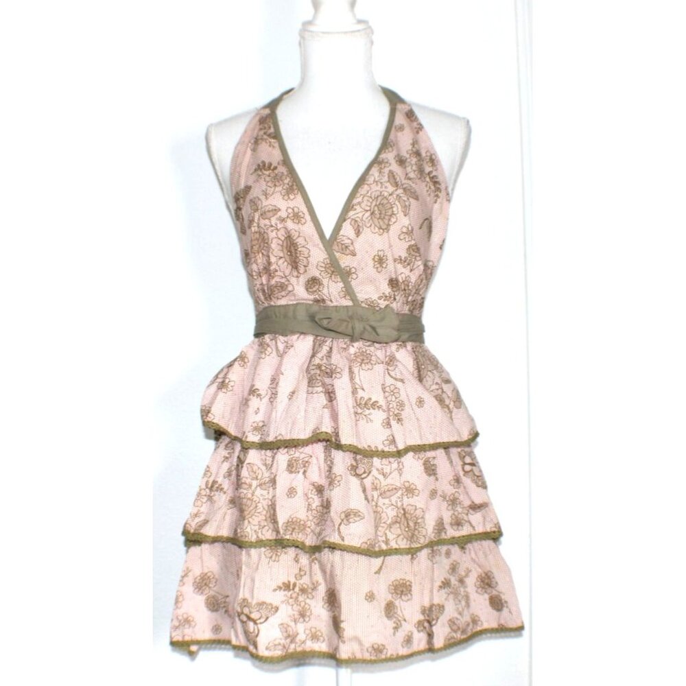 Floral Pink Olive Green Tier Ruffle Apron Halter Tie Neck Waist Simply Envogue